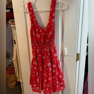 Red floral dress with bow tie in the back